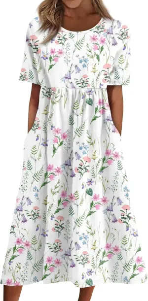 Summer Dresses for Women 2025 Casual Short Sleeve Scoop Neck Cozy Swing Beach Boho Tshirt Dress with Pockets