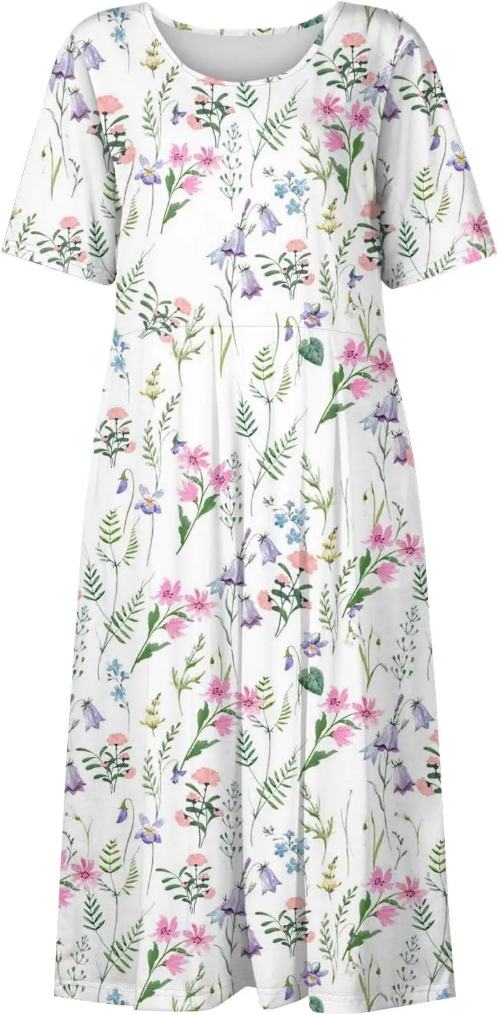Summer Dresses for Women 2025 Casual Short Sleeve Scoop Neck Cozy Swing Beach Boho Tshirt Dress with Pockets