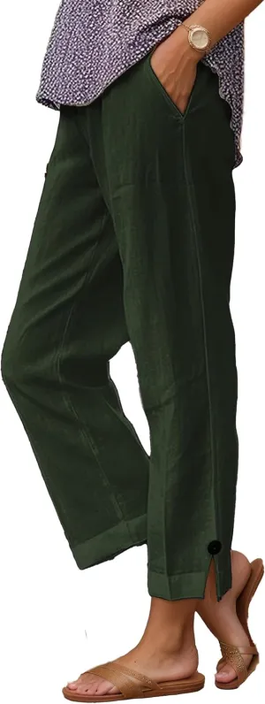 Summer Linen Pant Women Loose High Waist Wide Leg Capri Pant Casual Flowy Vacation Beach Straight Trouser with Pocket