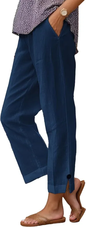 Summer Linen Pant Women Loose High Waist Wide Leg Capri Pant Casual Flowy Vacation Beach Straight Trouser with Pocket