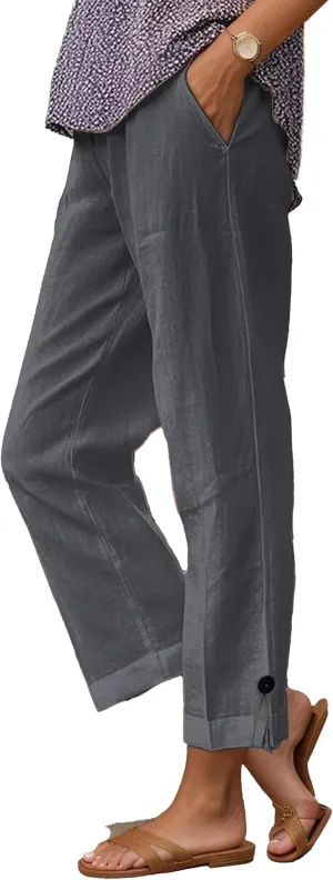 Summer Linen Pant Women Loose High Waist Wide Leg Capri Pant Casual Flowy Vacation Beach Straight Trouser with Pocket