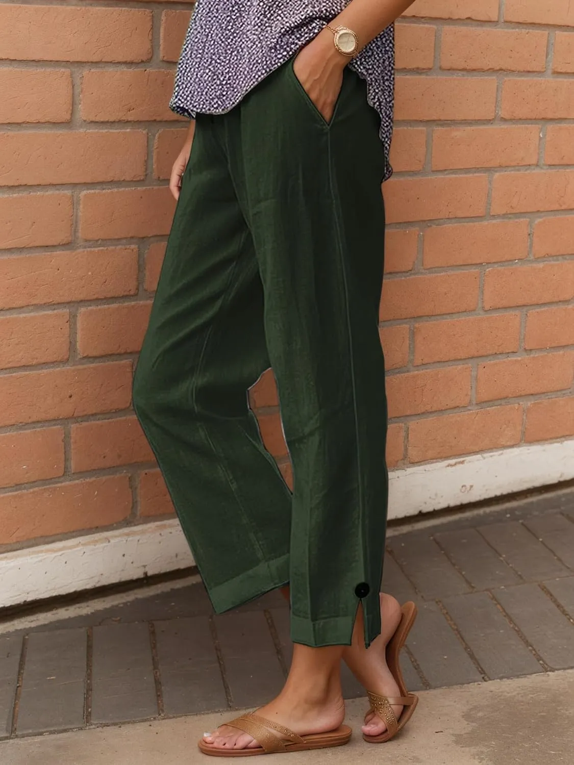 Summer Linen Pant Women Loose High Waist Wide Leg Capri Pant Casual Flowy Vacation Beach Straight Trouser with Pocket