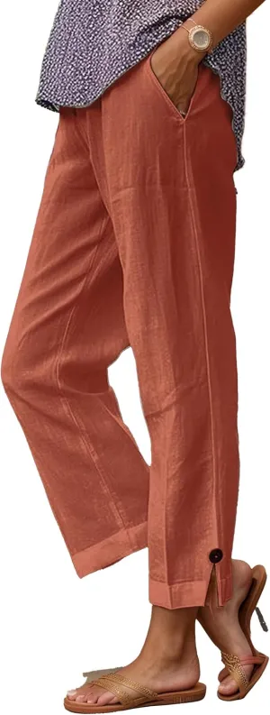 Summer Linen Pant Women Loose High Waist Wide Leg Capri Pant Casual Flowy Vacation Beach Straight Trouser with Pocket
