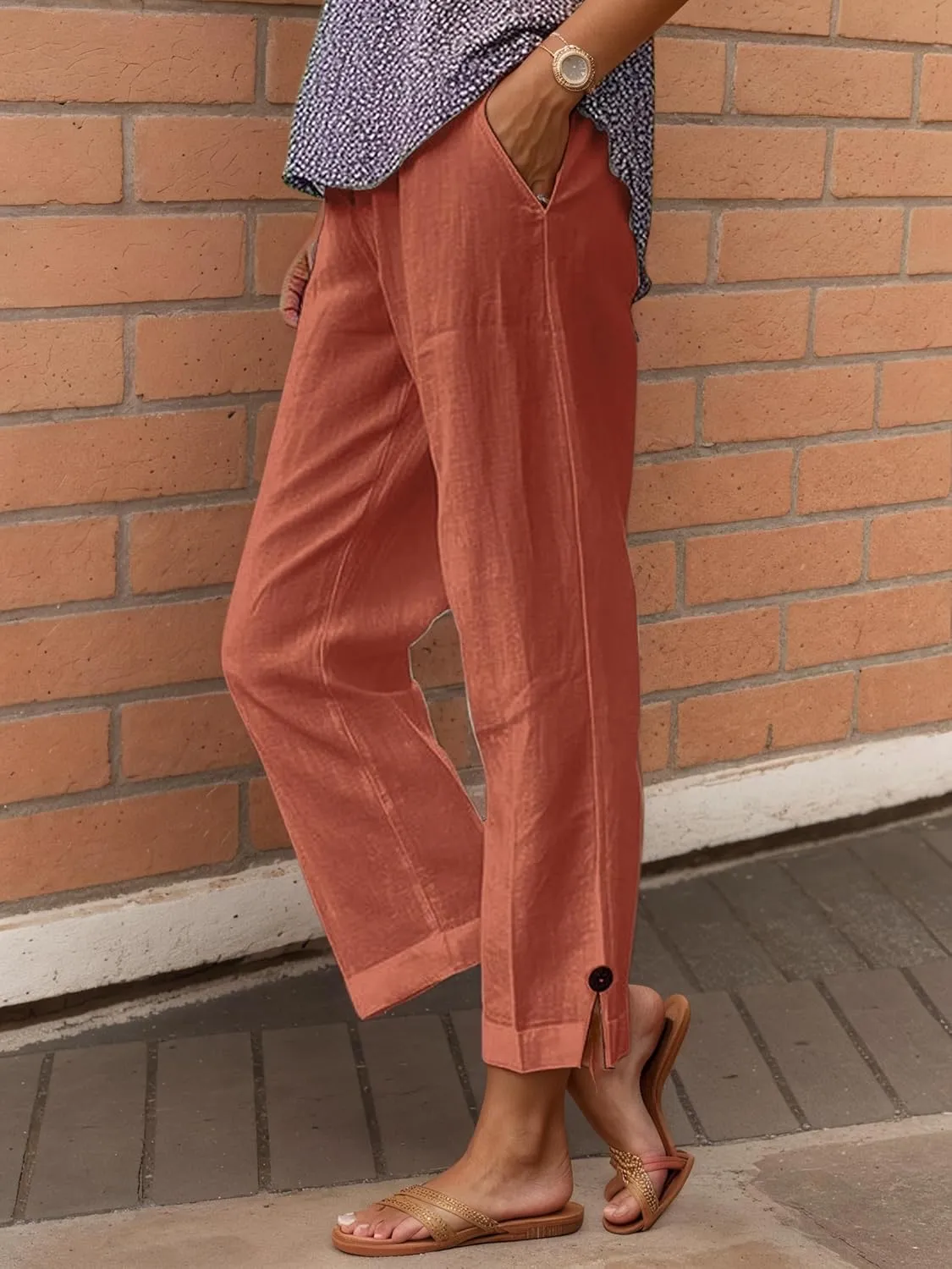 Summer Linen Pant Women Loose High Waist Wide Leg Capri Pant Casual Flowy Vacation Beach Straight Trouser with Pocket