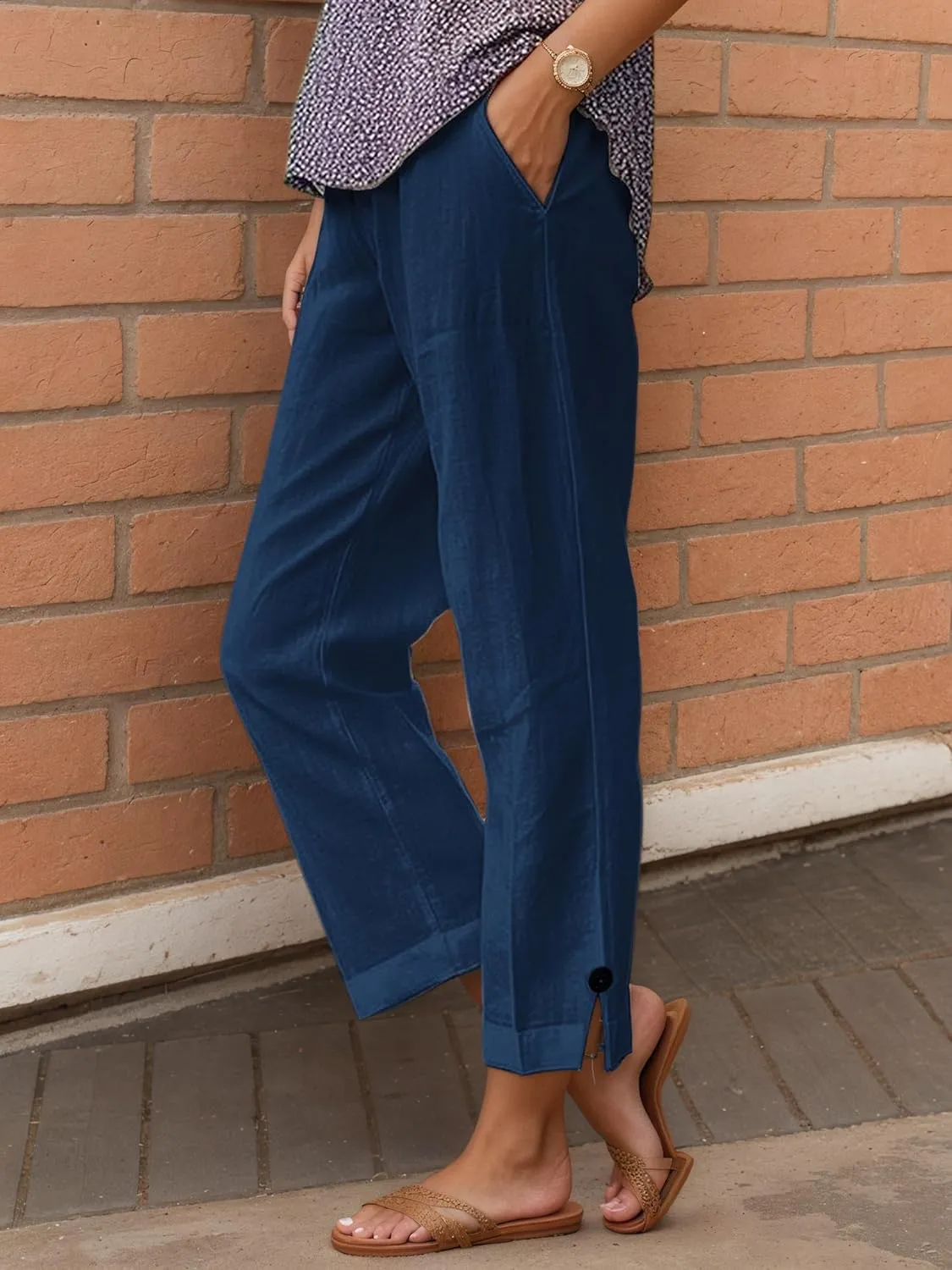 Summer Linen Pant Women Loose High Waist Wide Leg Capri Pant Casual Flowy Vacation Beach Straight Trouser with Pocket