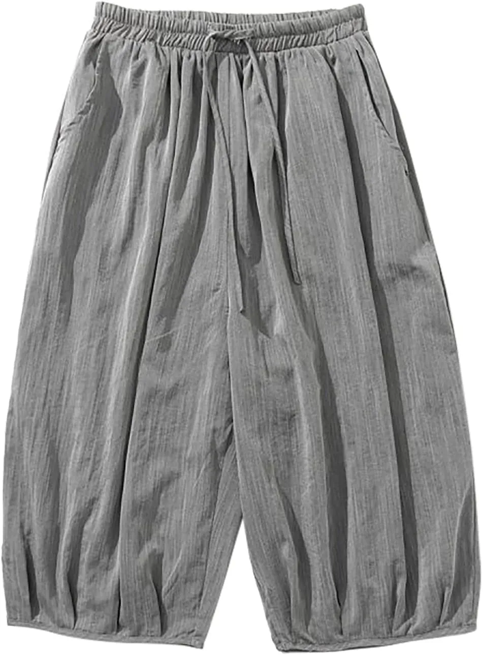 Summer Loose Fit Casual Capri Harem Pants Elastic Waist Wide Leg Baggy Long Shorts Yoga Hippie Slacks Trousers with Pockets