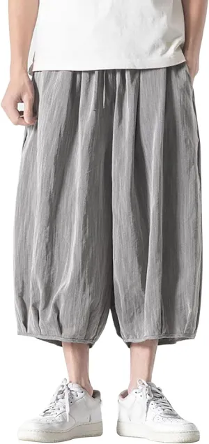 Summer Loose Fit Casual Capri Harem Pants Elastic Waist Wide Leg Baggy Long Shorts Yoga Hippie Slacks Trousers with Pockets