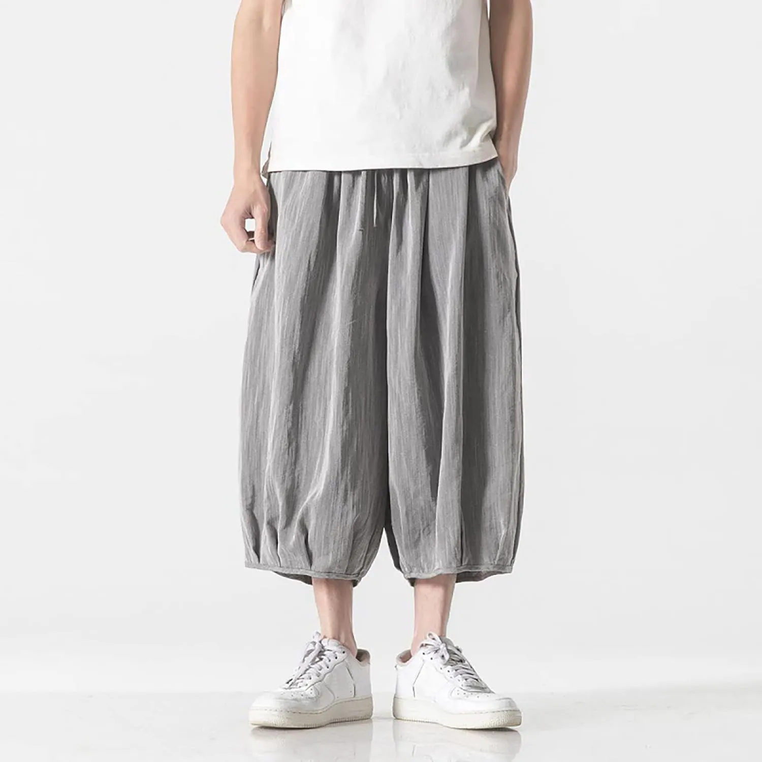 Summer Loose Fit Casual Capri Harem Pants Elastic Waist Wide Leg Baggy Long Shorts Yoga Hippie Slacks Trousers with Pockets