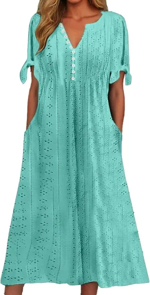 Summer Maxi Dresses for Women 2025 Trendy Short Sleeve Eyelet Tshirt Dress Casual Church Beach Vacation Sundress New
