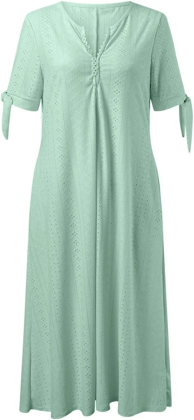 Summer Maxi Dresses for Women 2025 Trendy Short Sleeve Eyelet Tshirt Dress Casual Church Beach Vacation Sundress New
