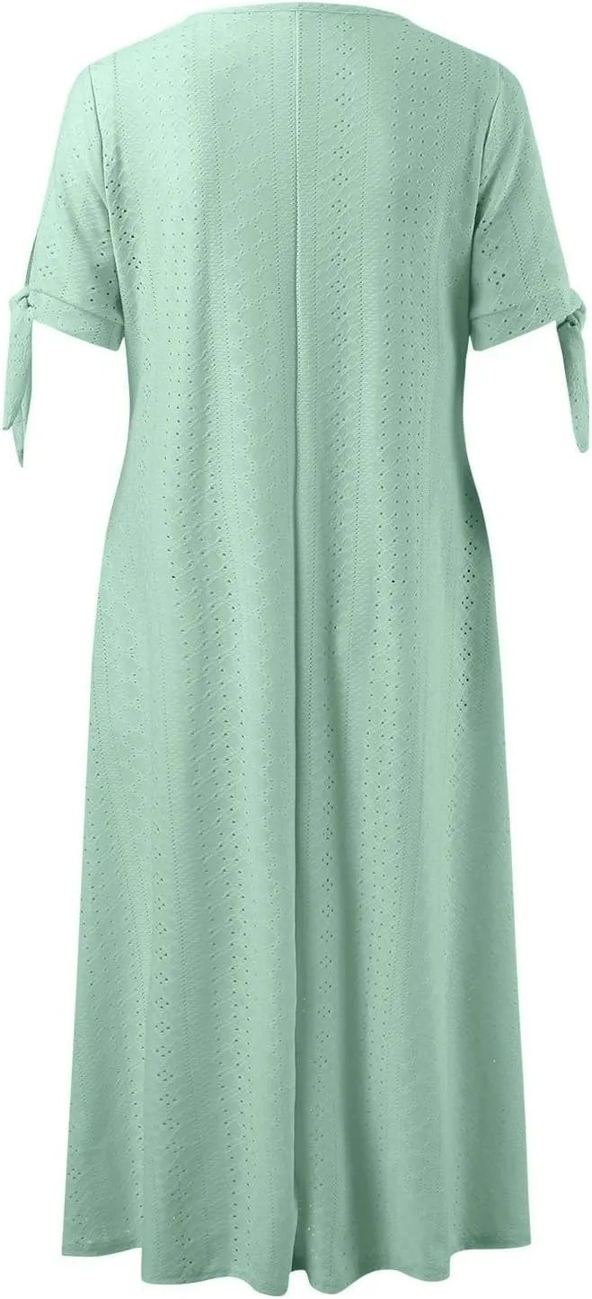 Summer Maxi Dresses for Women 2025 Trendy Short Sleeve Eyelet Tshirt Dress Casual Church Beach Vacation Sundress New