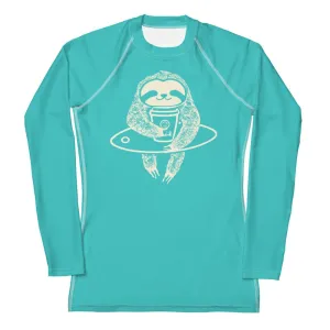 Surfing Rash Guard - Turquoise Sloth Surfing Women's Rash Guard