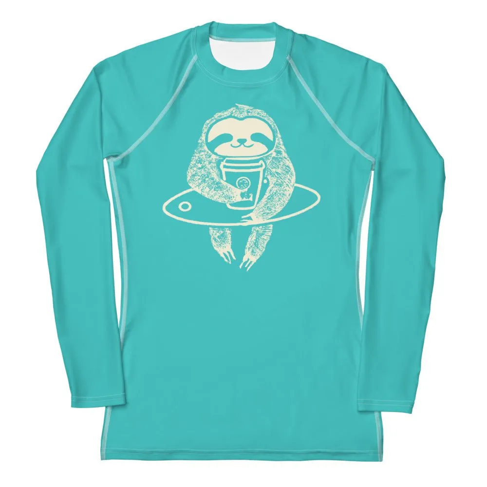 Surfing Rash Guard - Turquoise Sloth Surfing Women's Rash Guard