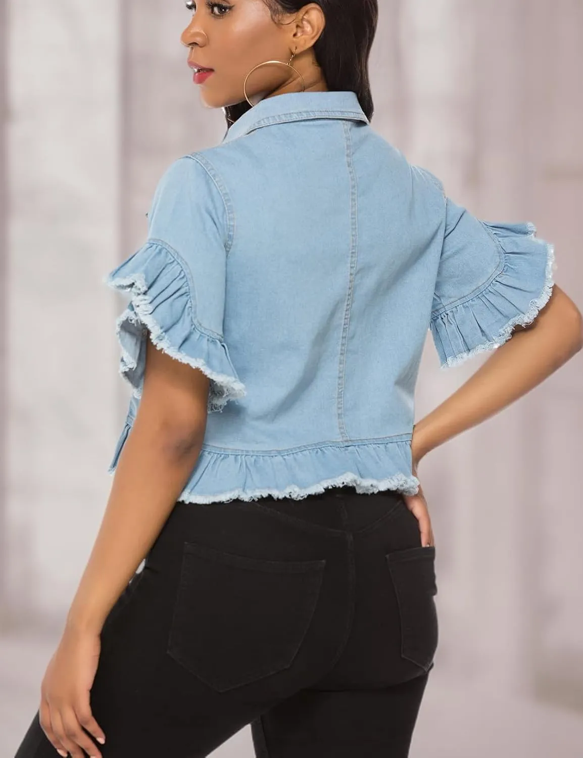 Suvimuga Women's Denim Jacket Button Down Distressed Ruffle Sleeve Crop Jean Jackets Coat