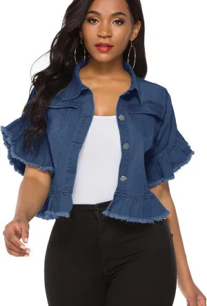 Suvimuga Women's Denim Jacket Button Down Distressed Ruffle Sleeve Crop Jean Jackets Coat