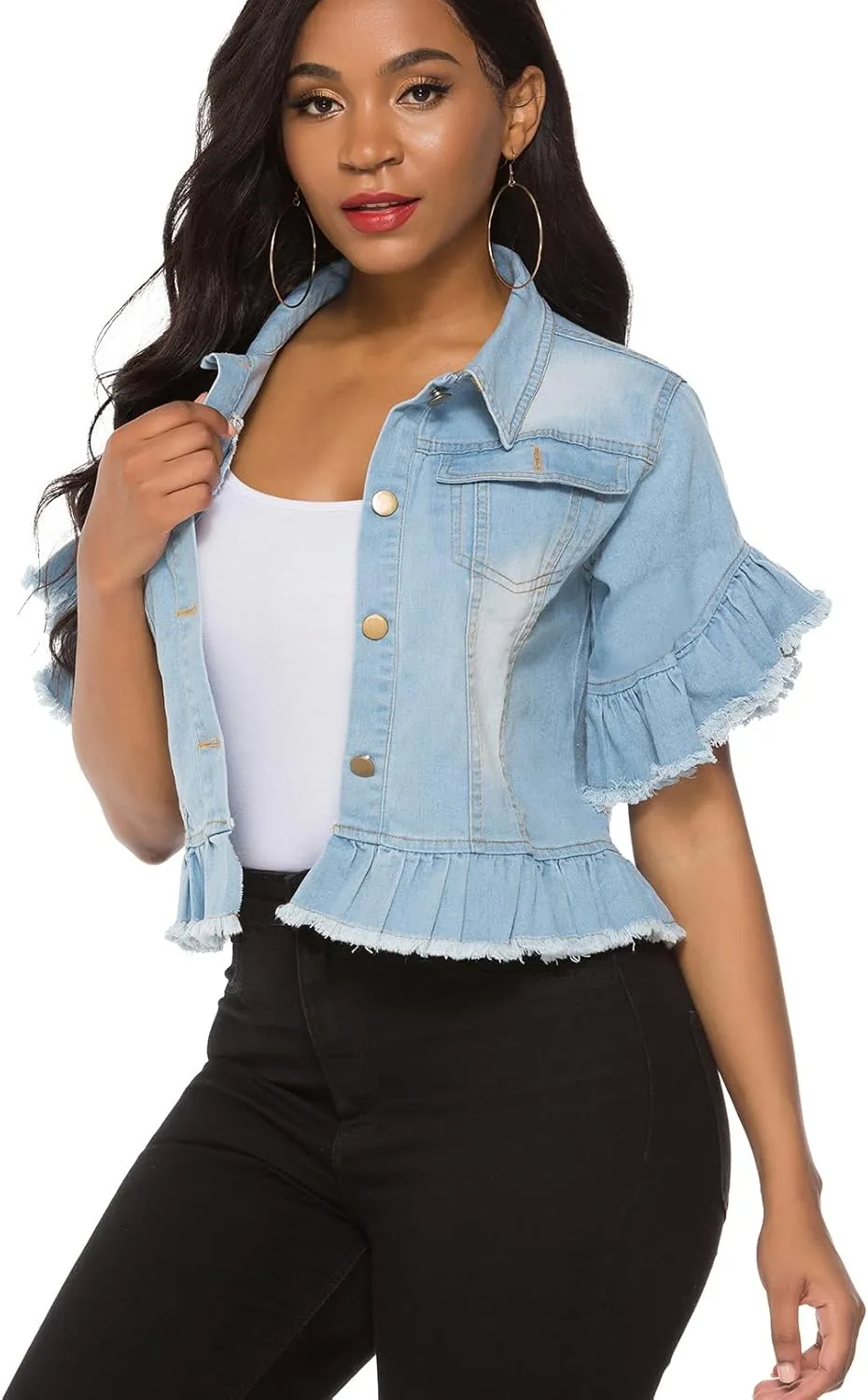 Suvimuga Women's Denim Jacket Button Down Distressed Ruffle Sleeve Crop Jean Jackets Coat