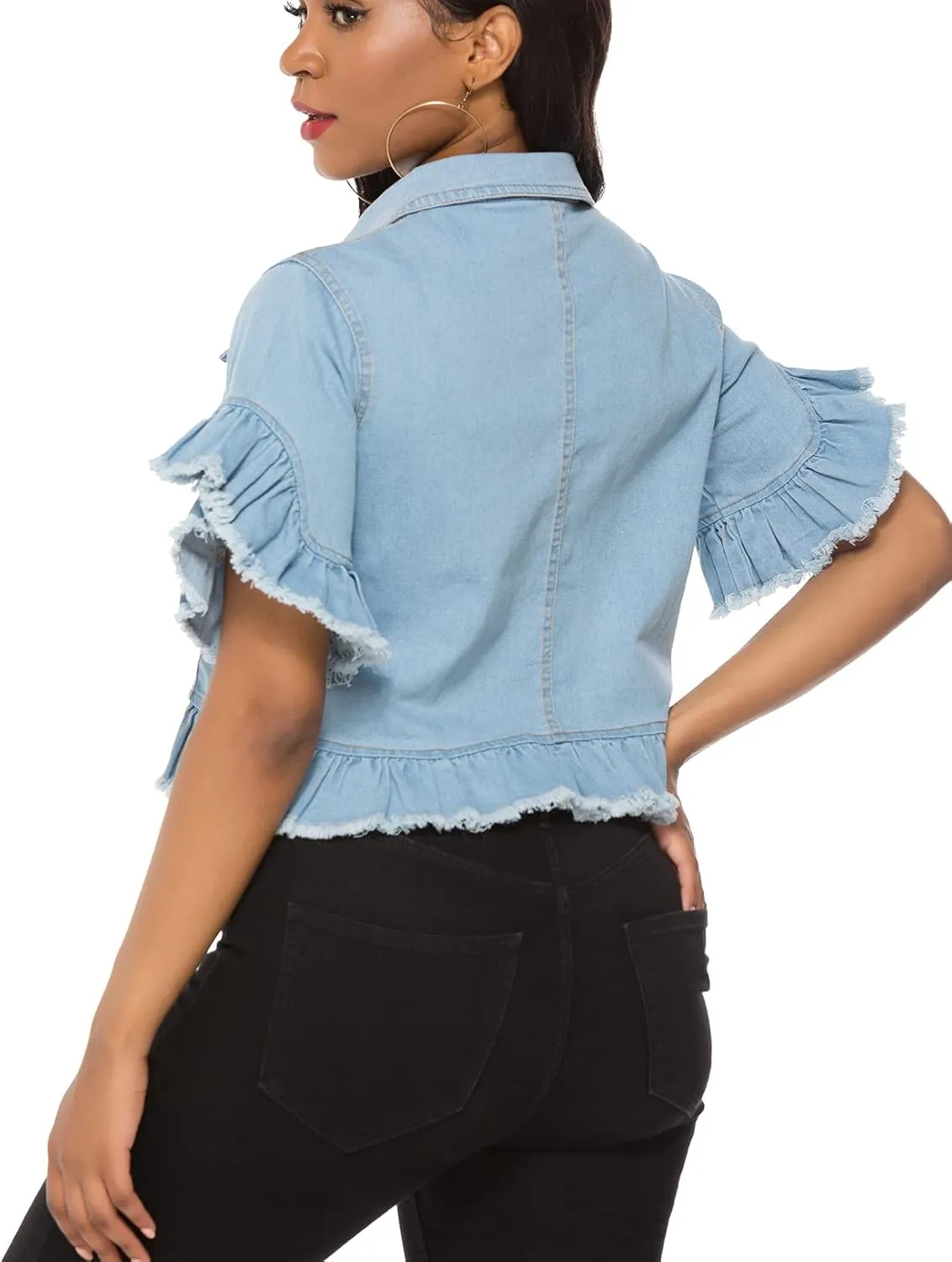 Suvimuga Women's Denim Jacket Button Down Distressed Ruffle Sleeve Crop Jean Jackets Coat