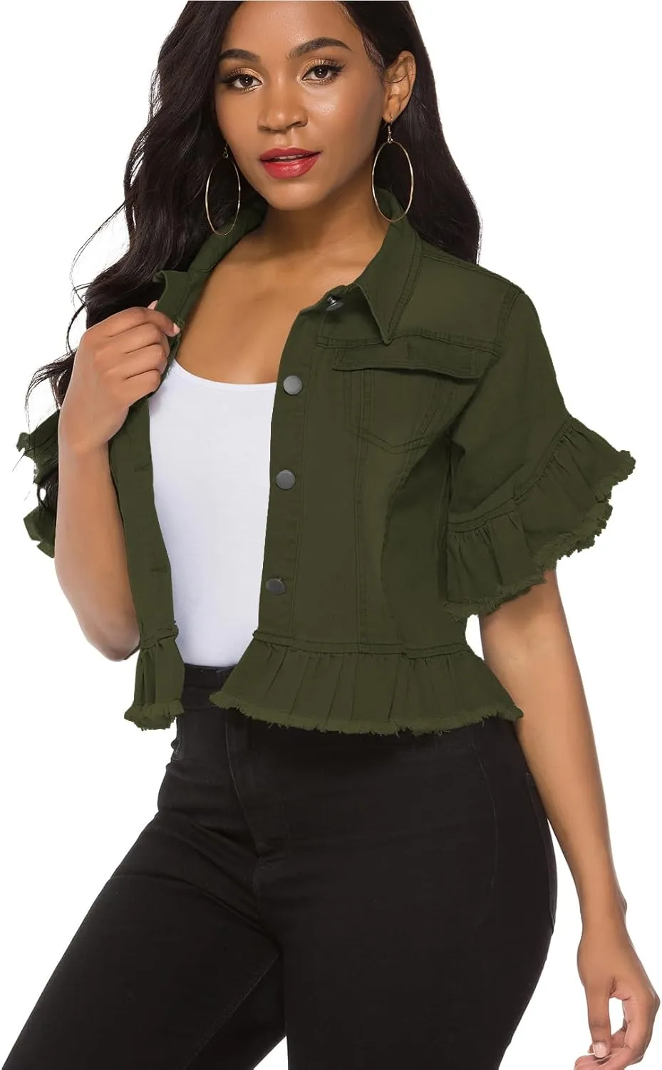 Suvimuga Women's Denim Jacket Button Down Distressed Ruffle Sleeve Crop Jean Jackets Coat