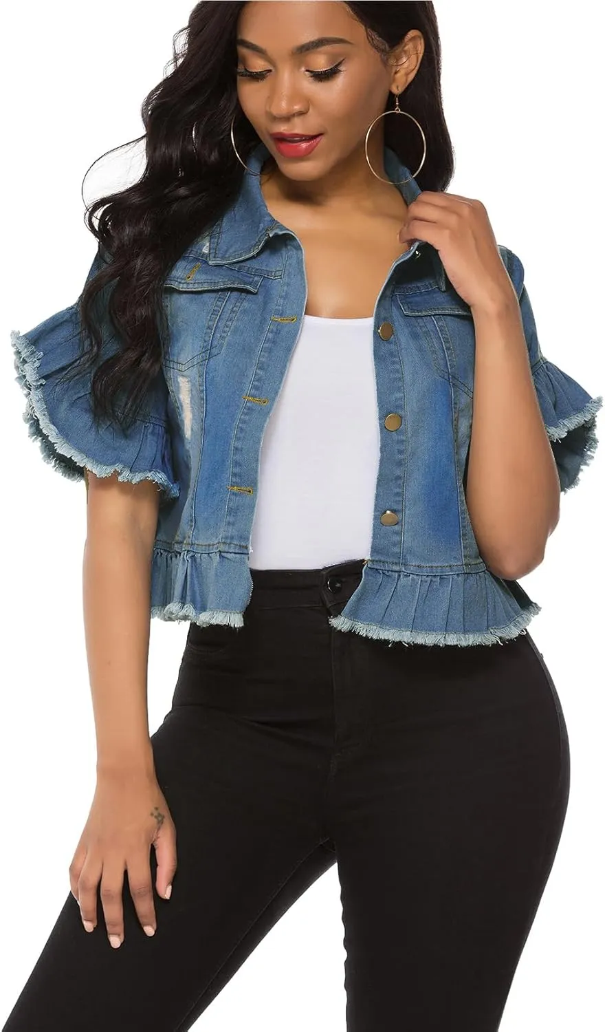 Suvimuga Women's Denim Jacket Button Down Distressed Ruffle Sleeve Crop Jean Jackets Coat