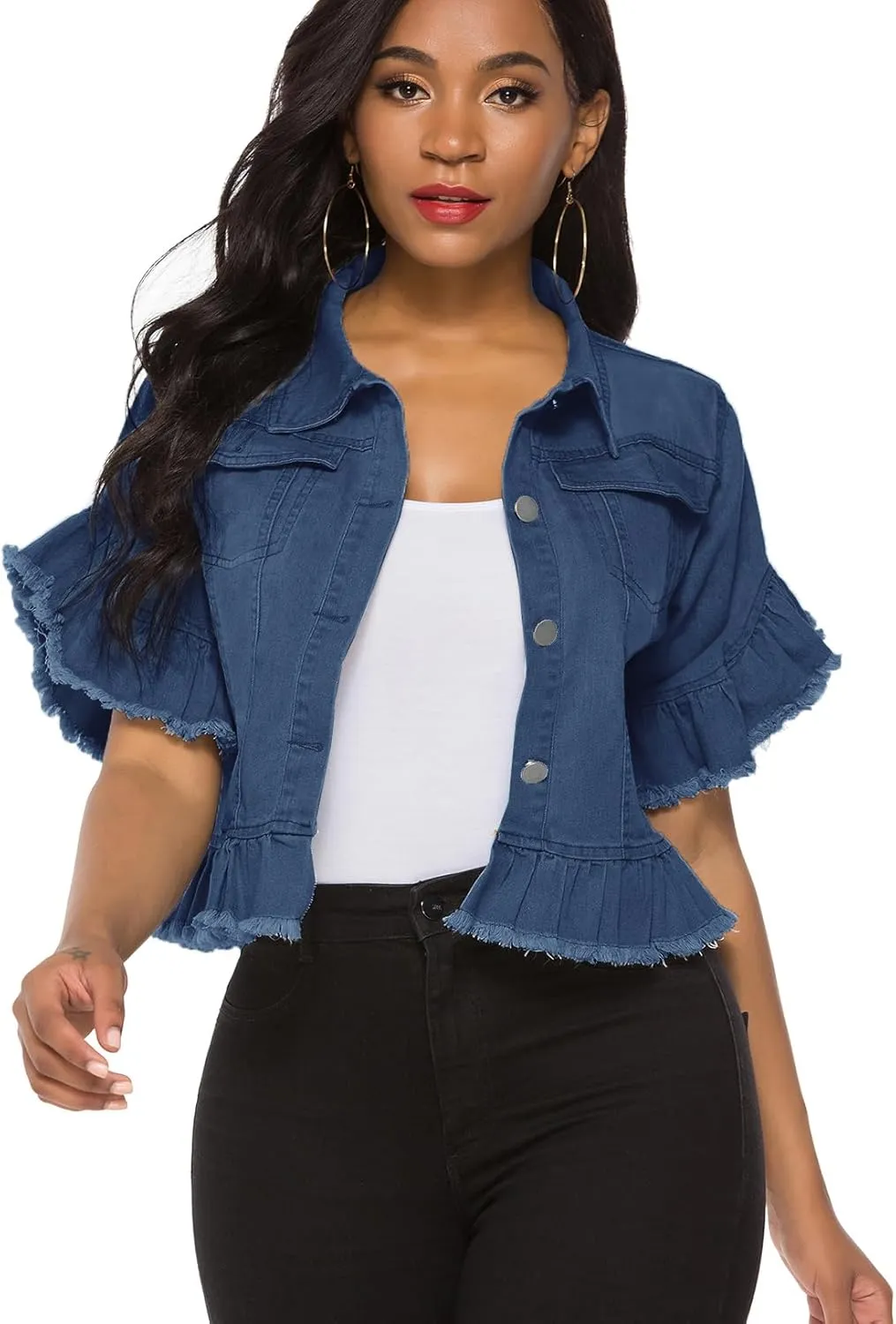 Suvimuga Women's Denim Jacket Button Down Distressed Ruffle Sleeve Crop Jean Jackets Coat