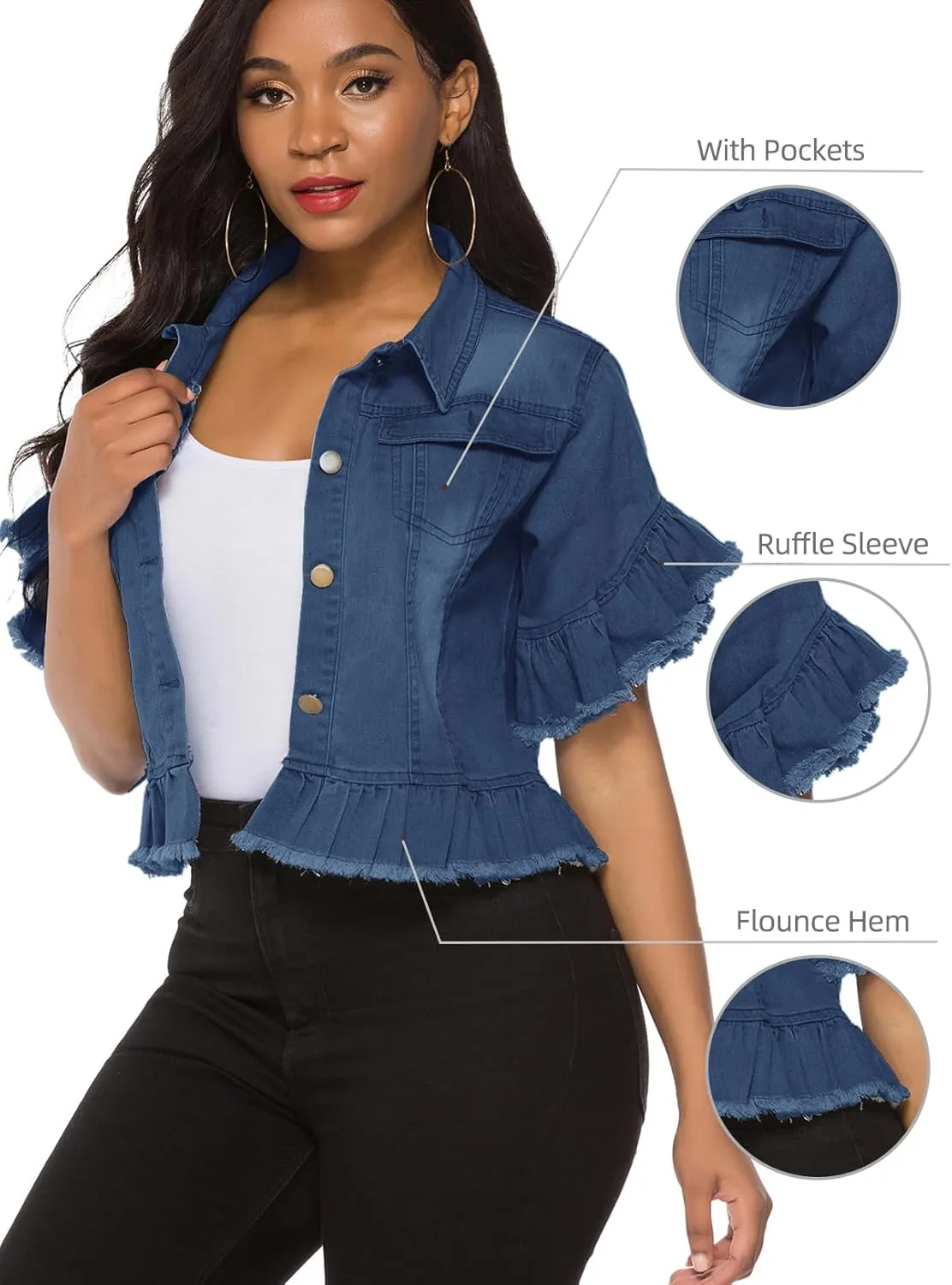 Suvimuga Women's Denim Jacket Button Down Distressed Ruffle Sleeve Crop Jean Jackets Coat