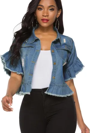 Suvimuga Women's Denim Jacket Button Down Distressed Ruffle Sleeve Crop Jean Jackets Coat