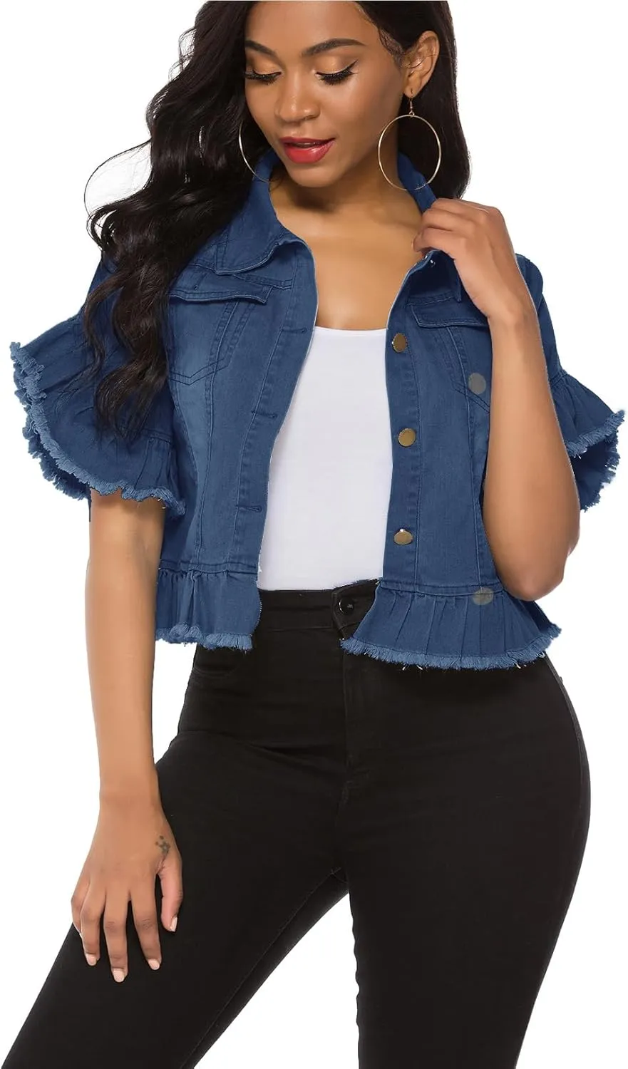 Suvimuga Women's Denim Jacket Button Down Distressed Ruffle Sleeve Crop Jean Jackets Coat