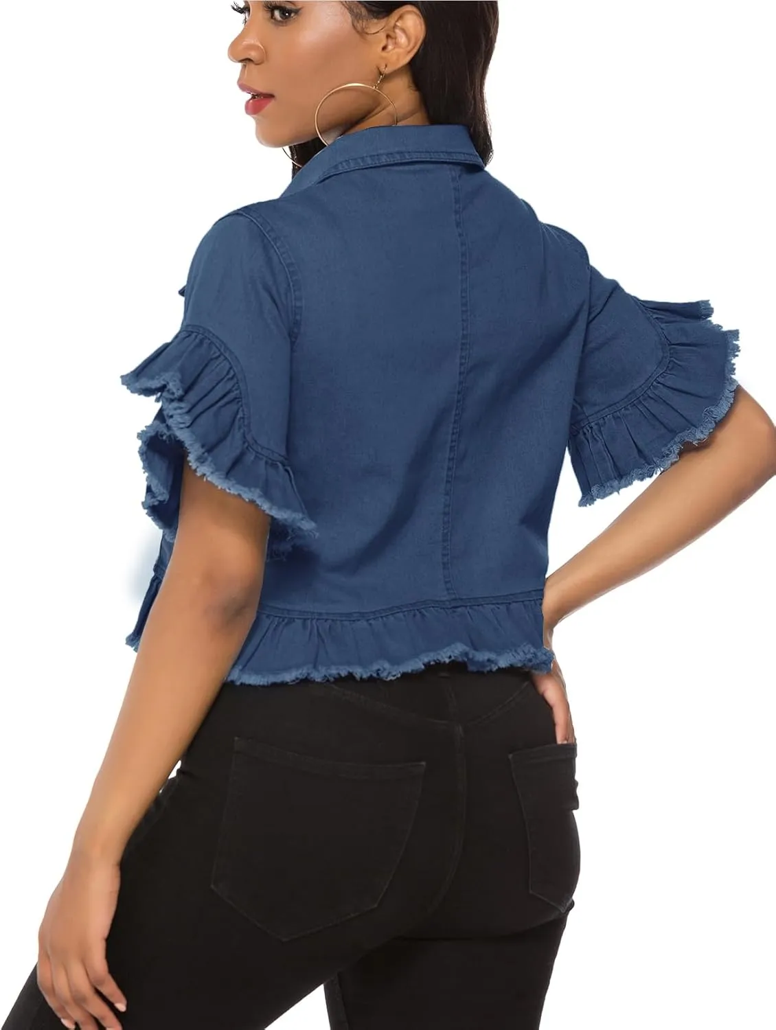Suvimuga Women's Denim Jacket Button Down Distressed Ruffle Sleeve Crop Jean Jackets Coat