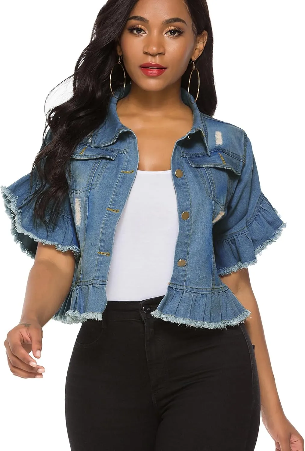 Suvimuga Women's Denim Jacket Button Down Distressed Ruffle Sleeve Crop Jean Jackets Coat