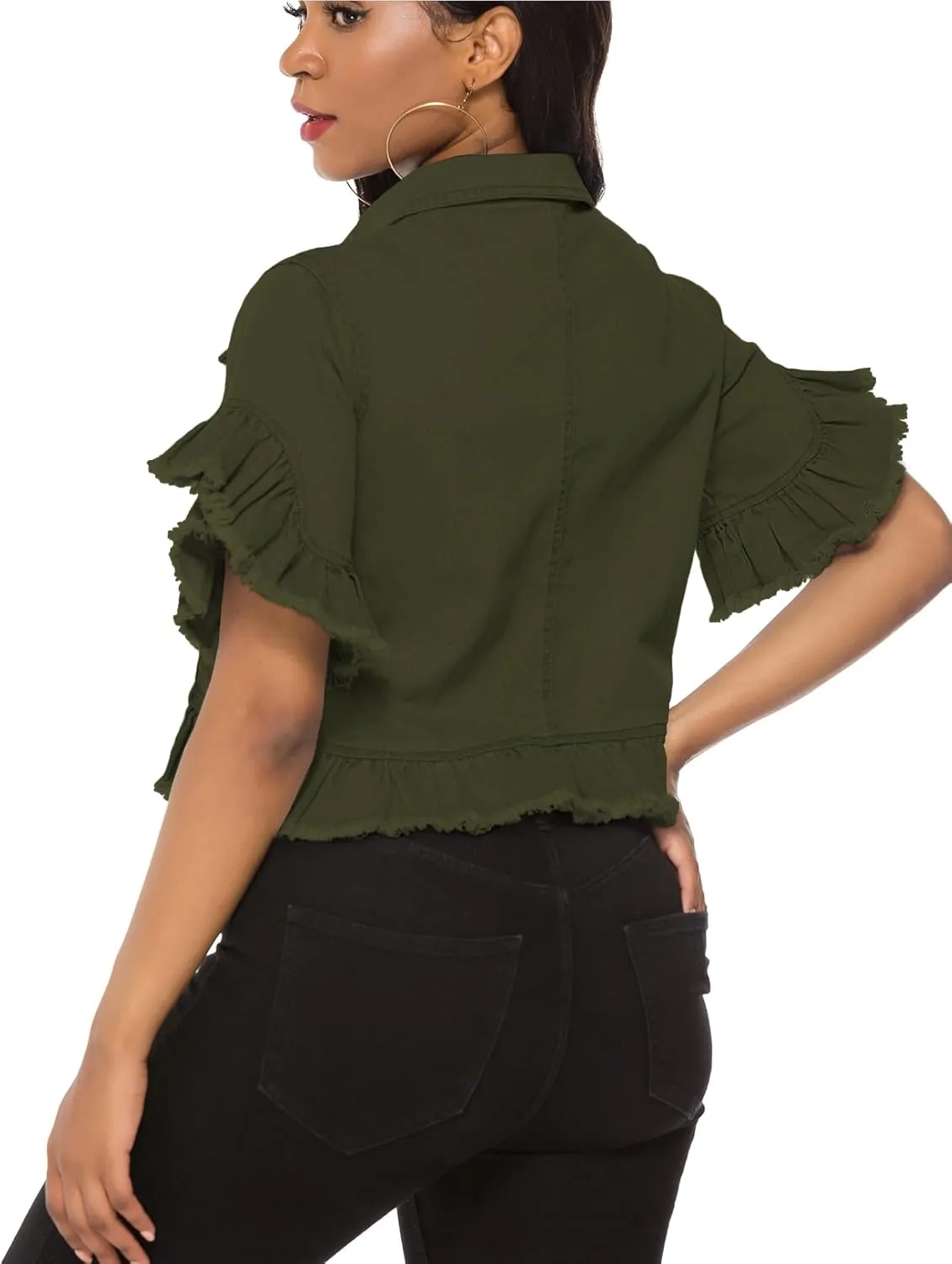 Suvimuga Women's Denim Jacket Button Down Distressed Ruffle Sleeve Crop Jean Jackets Coat