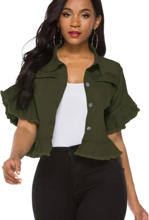 Suvimuga Women's Denim Jacket Button Down Distressed Ruffle Sleeve Crop Jean Jackets Coat