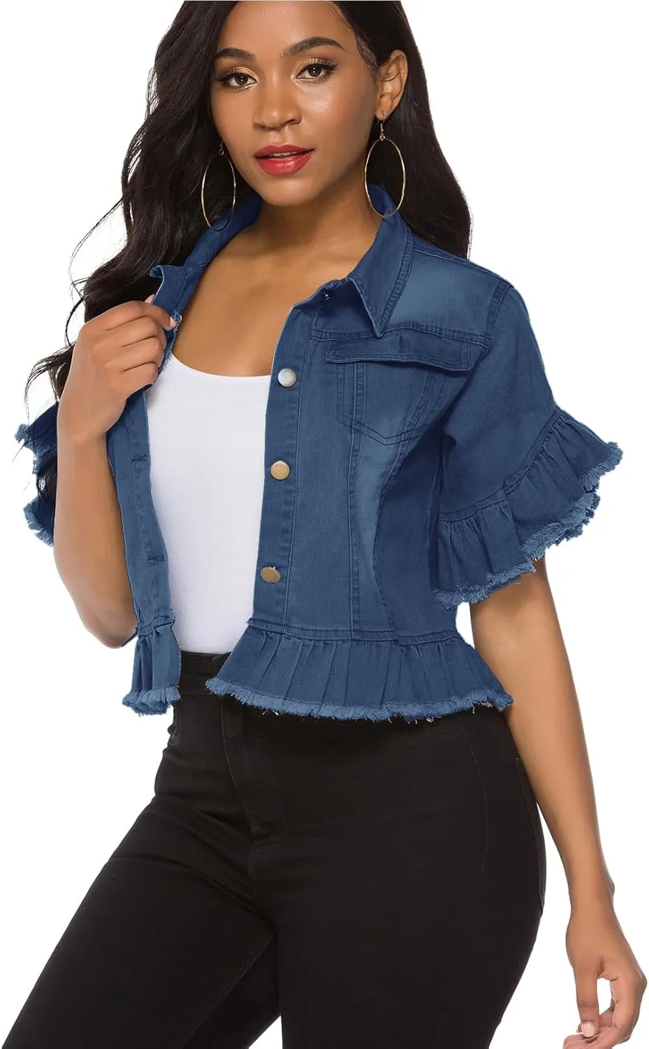 Suvimuga Women's Denim Jacket Button Down Distressed Ruffle Sleeve Crop Jean Jackets Coat
