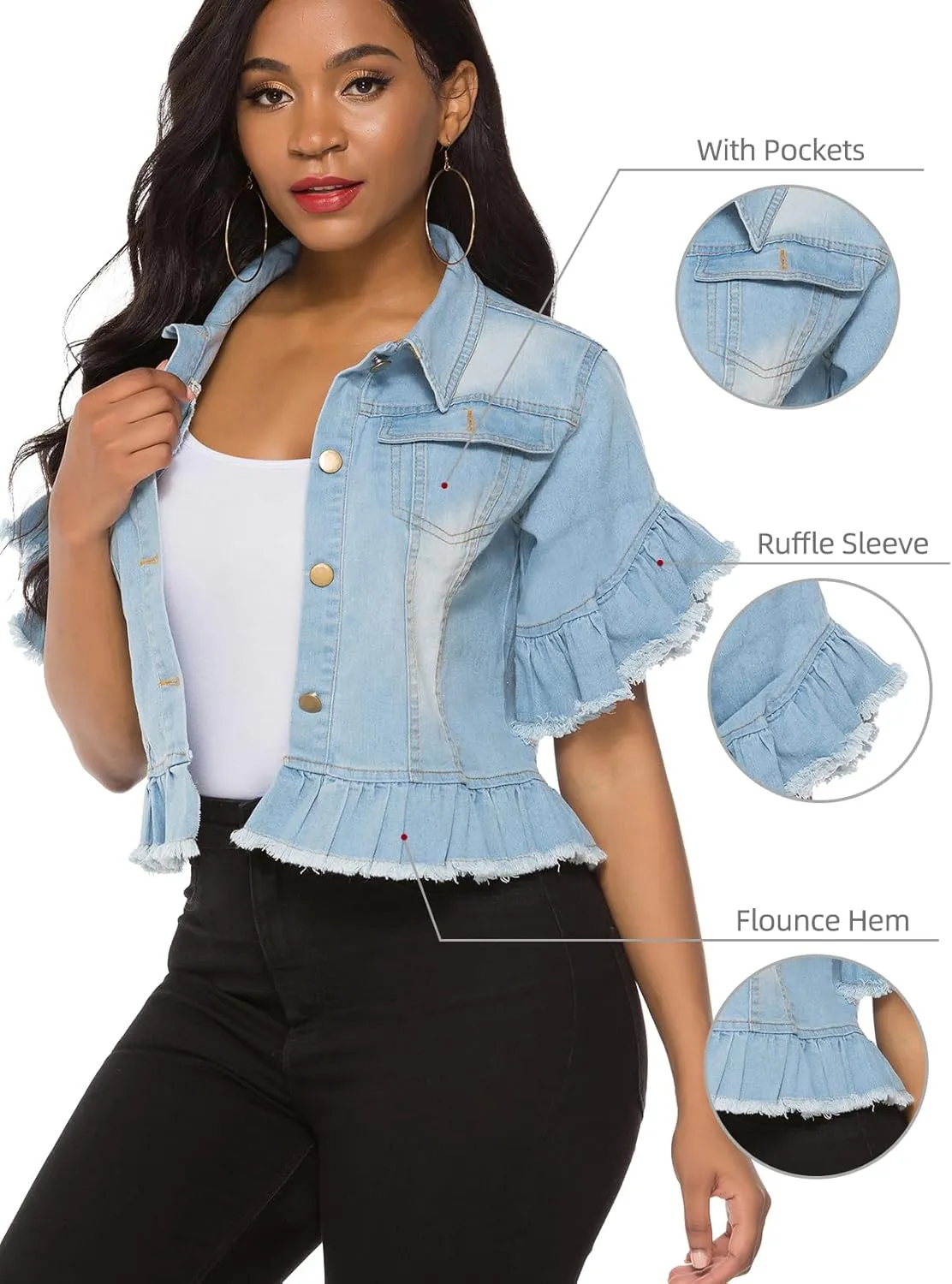 Suvimuga Women's Denim Jacket Button Down Distressed Ruffle Sleeve Crop Jean Jackets Coat