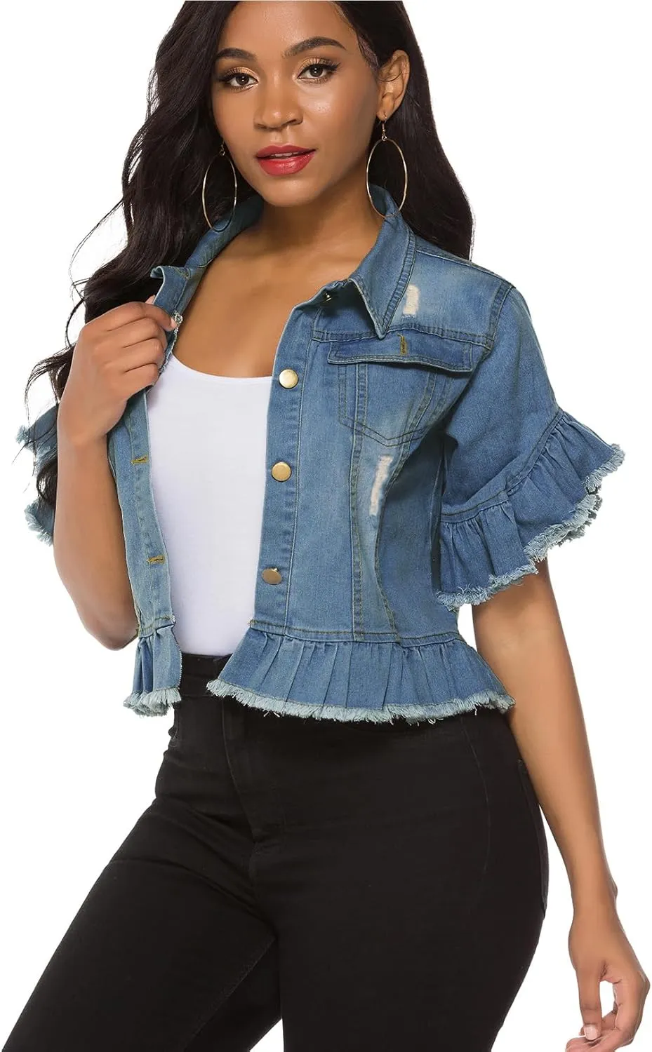 Suvimuga Women's Denim Jacket Button Down Distressed Ruffle Sleeve Crop Jean Jackets Coat