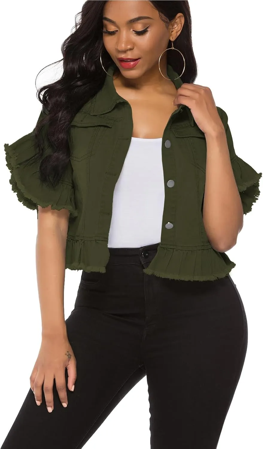 Suvimuga Women's Denim Jacket Button Down Distressed Ruffle Sleeve Crop Jean Jackets Coat