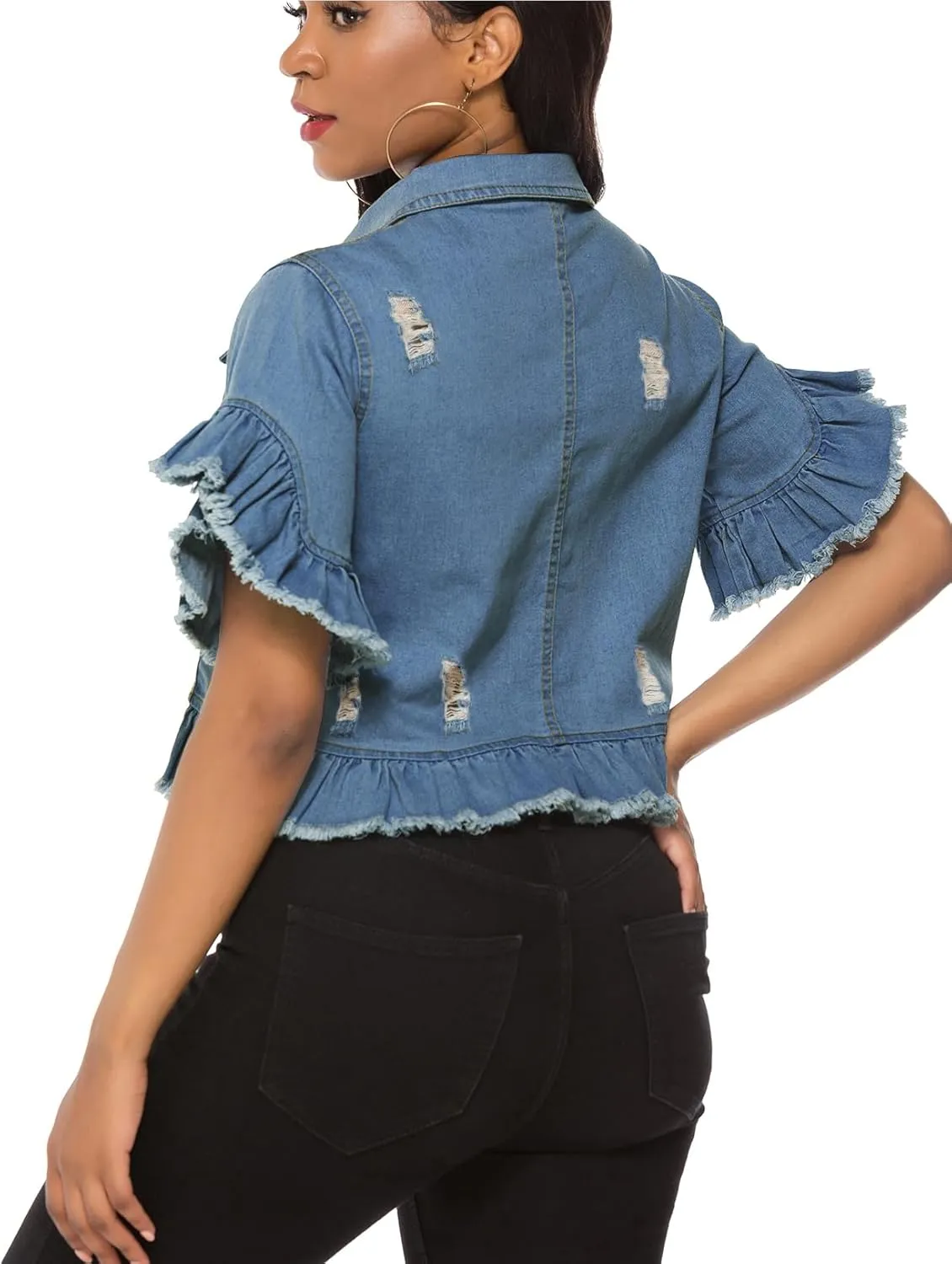 Suvimuga Women's Denim Jacket Button Down Distressed Ruffle Sleeve Crop Jean Jackets Coat
