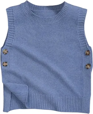 SweatyRocks Girl's Button Split Side Sweater Vest Crew Neck Sleeveless Knit Vest Tops