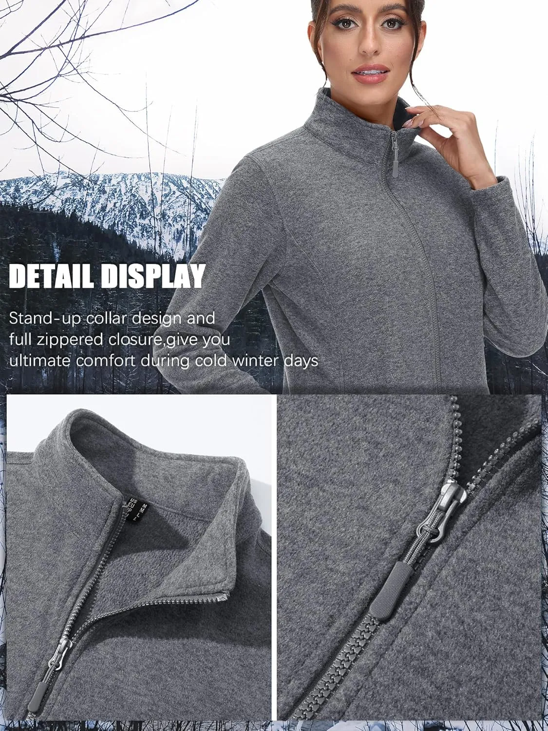 TACVASEN Women's Full Zip Fleece Jacket Lightweight Jacket Womens Winter Warm Coats with 2 Zipper Pockets