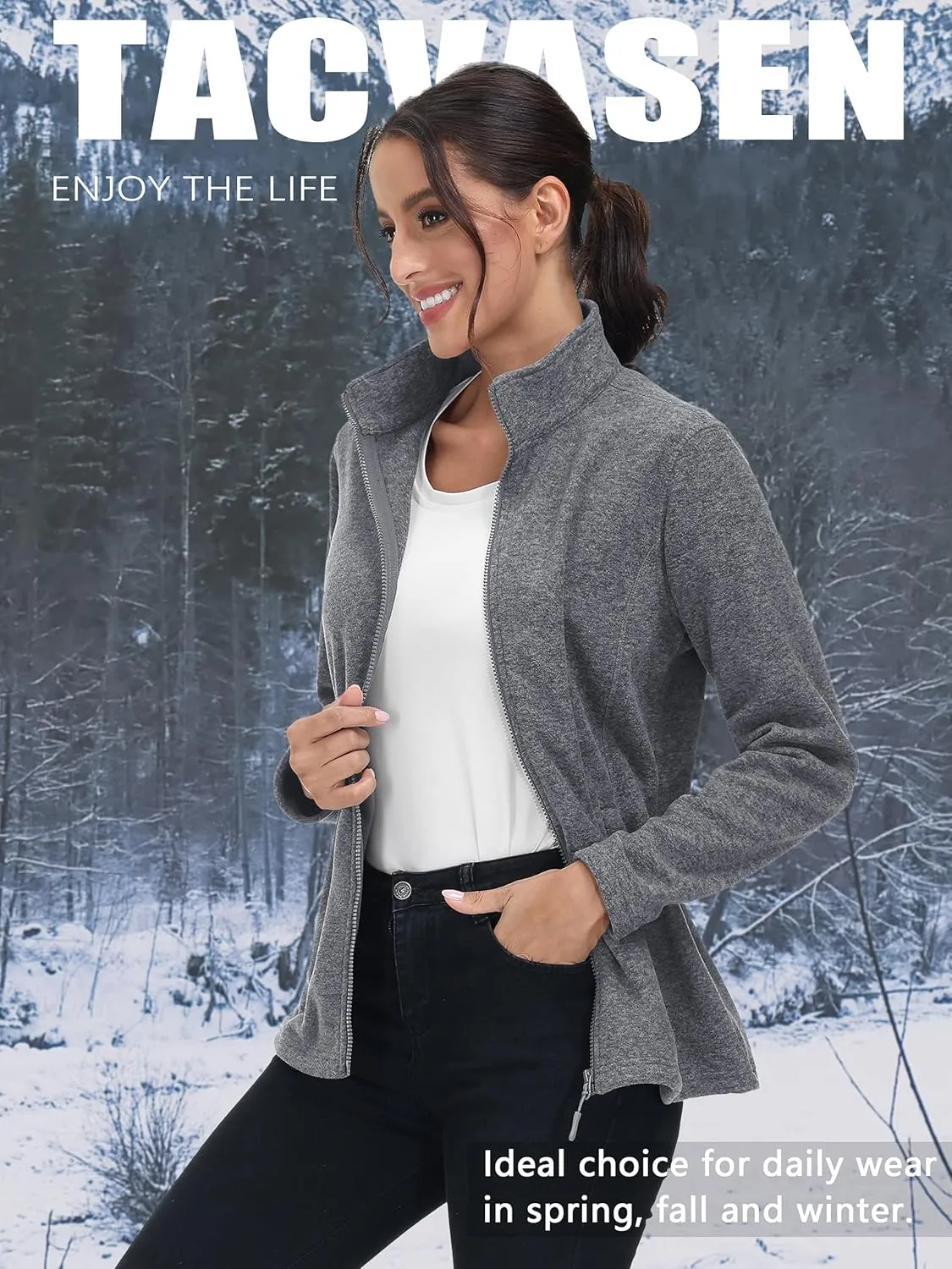TACVASEN Women's Full Zip Fleece Jacket Lightweight Jacket Womens Winter Warm Coats with 2 Zipper Pockets