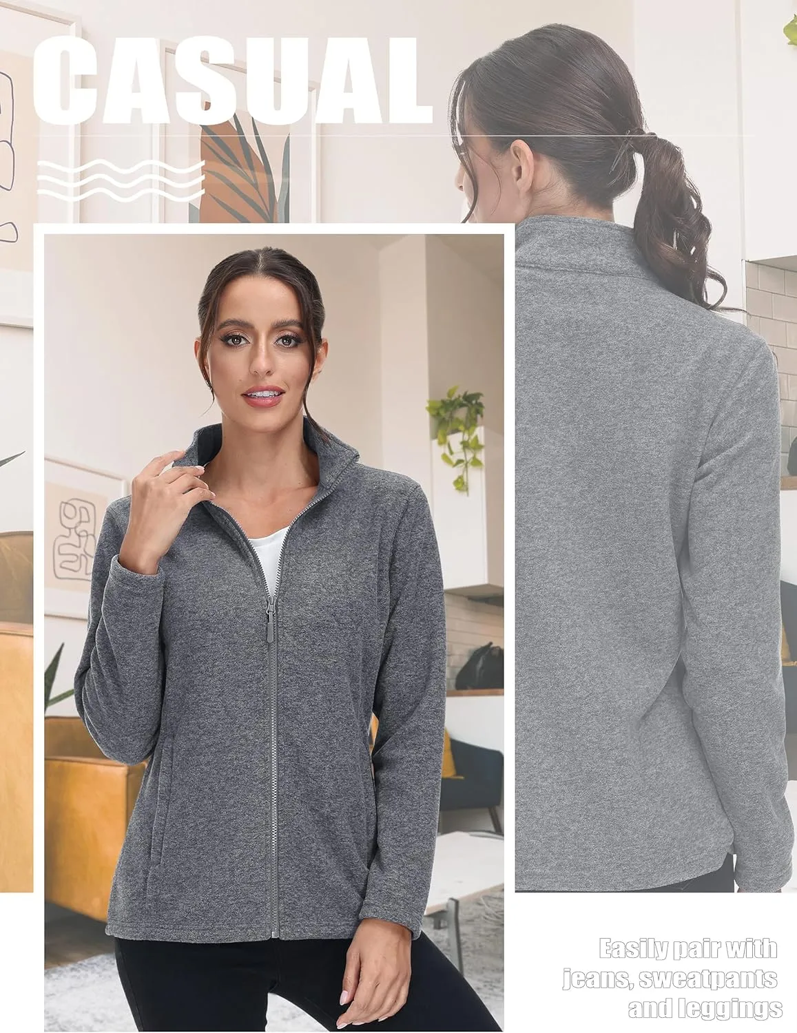 TACVASEN Women's Full Zip Fleece Jacket Lightweight Jacket Womens Winter Warm Coats with 2 Zipper Pockets