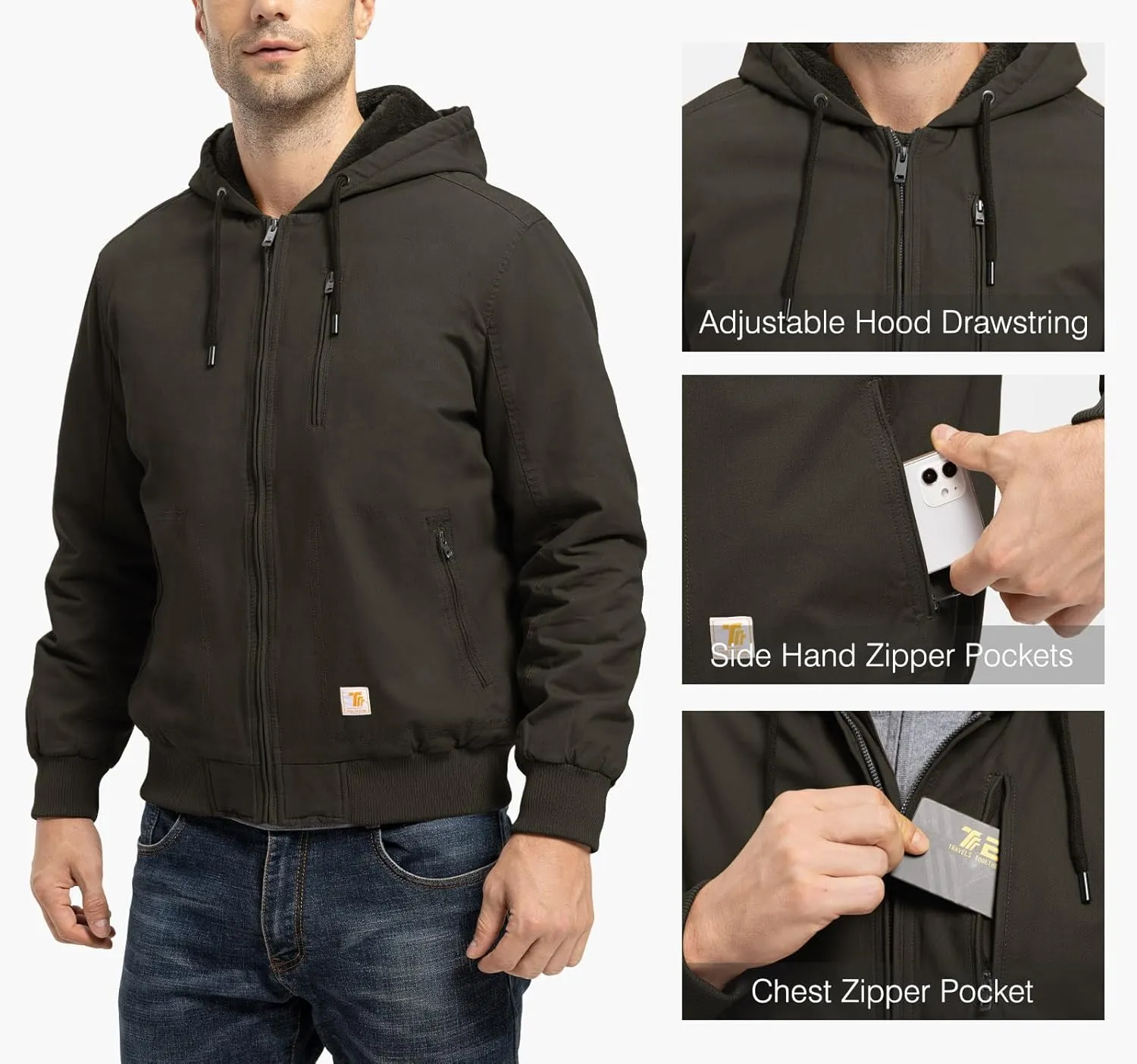 TBMPOY Men's Winter Jackets Hooded Work Cotton FLeece Lined Duck Coats Flannel Active Workwear Coat