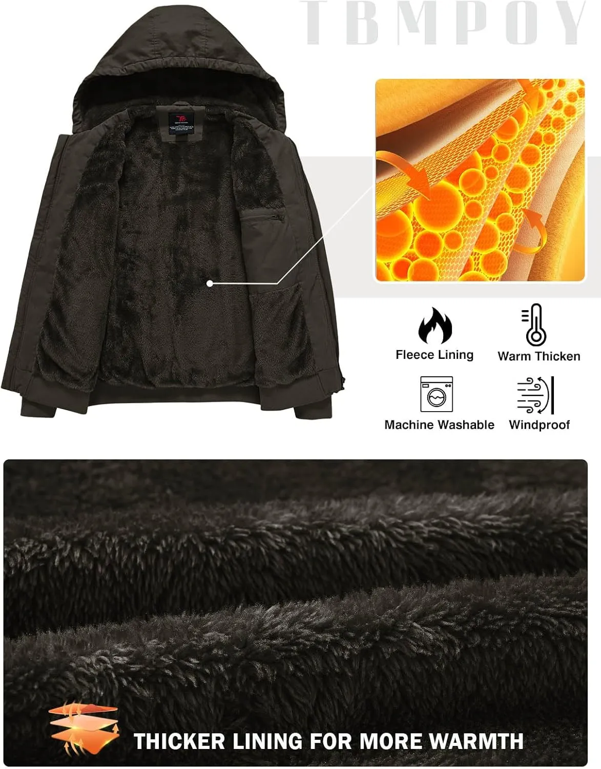 TBMPOY Men's Winter Jackets Hooded Work Cotton FLeece Lined Duck Coats Flannel Active Workwear Coat