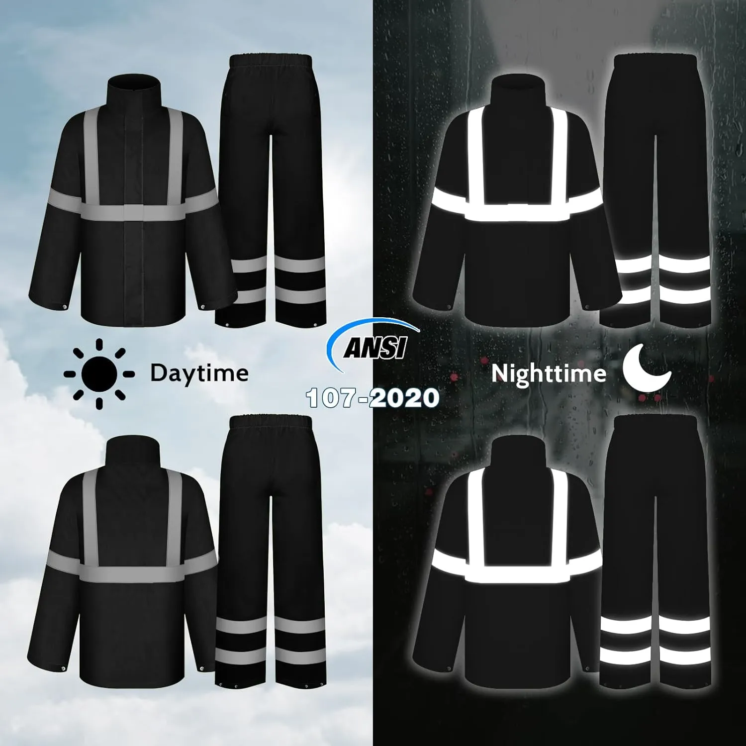 TCCFCCT High Vis Rain Pants Rain Suits for Men Waterproof, Hi Vis Rain Pants for Men Women with Hood, High Visibility Rain Gear Reflective for Safety Work & Outdoor Activities, S-M Black P