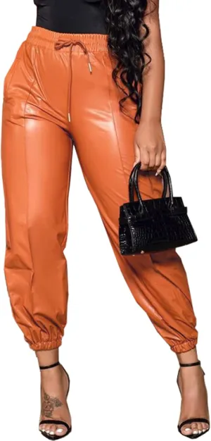 Tcremisa Women's Faux Leather Pants Drawstring Elastic High Waist Joggers Casual Loose Trousers with Pockets