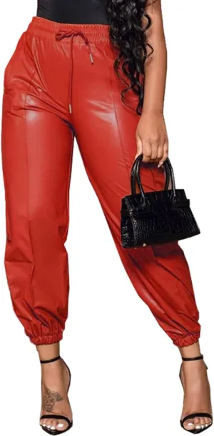 Tcremisa Women's Faux Leather Pants Drawstring Elastic High Waist Joggers Casual Loose Trousers with Pockets