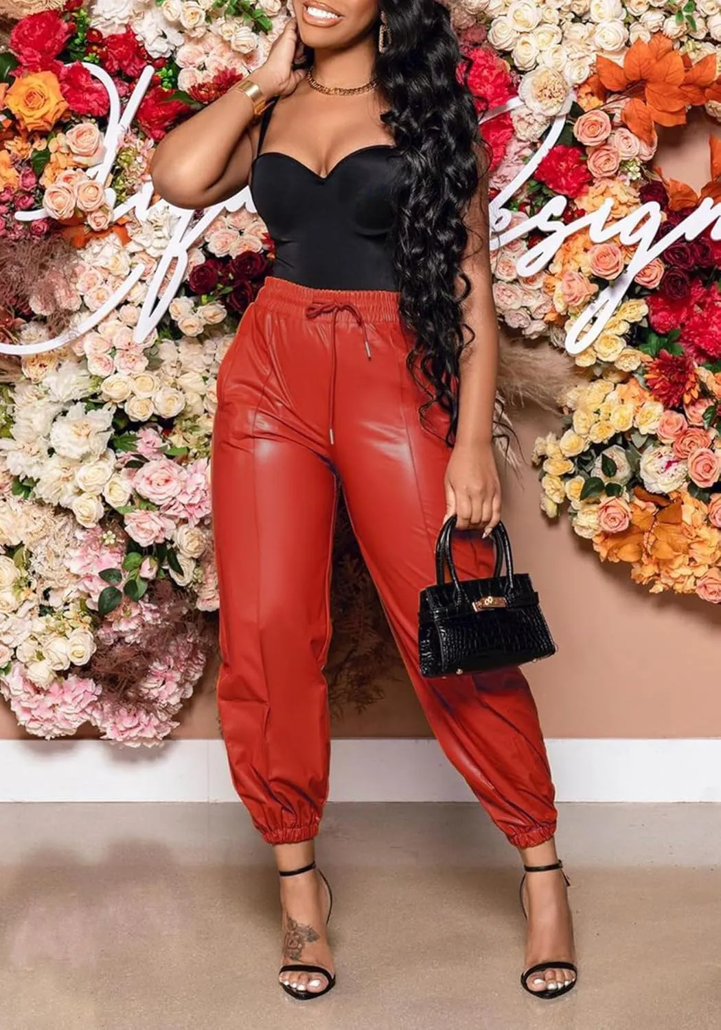 Tcremisa Women's Faux Leather Pants Drawstring Elastic High Waist Joggers Casual Loose Trousers with Pockets