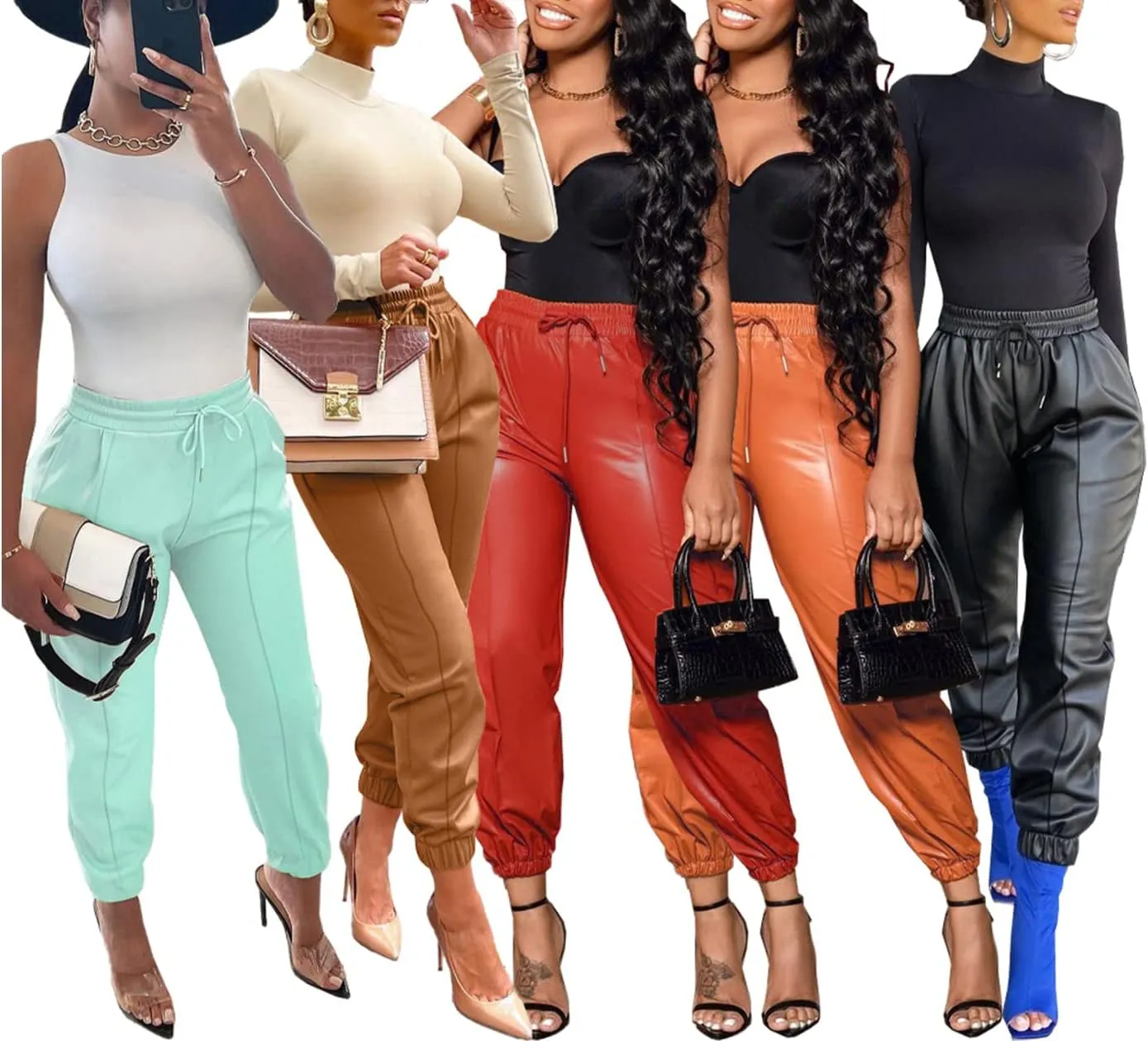 Tcremisa Women's Faux Leather Pants Drawstring Elastic High Waist Joggers Casual Loose Trousers with Pockets