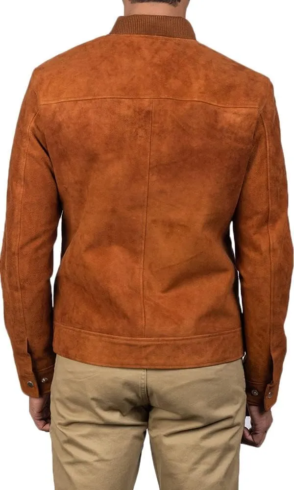 The Jacket Maker Blain Brown Suede Bomber Jacket | Men Suede Leather Brown Bomber Jacket | Goatskin Brown Suede Bomber Jacket