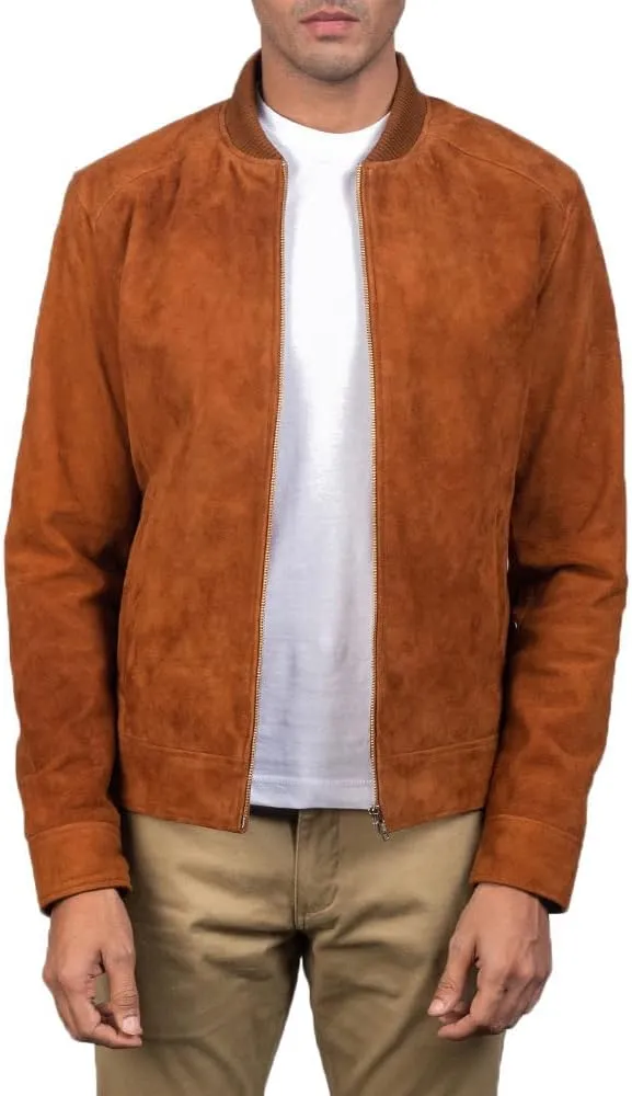 The Jacket Maker Blain Brown Suede Bomber Jacket | Men Suede Leather Brown Bomber Jacket | Goatskin Brown Suede Bomber Jacket