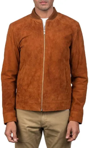 The Jacket Maker Blain Brown Suede Bomber Jacket | Men Suede Leather Brown Bomber Jacket | Goatskin Brown Suede Bomber Jacket